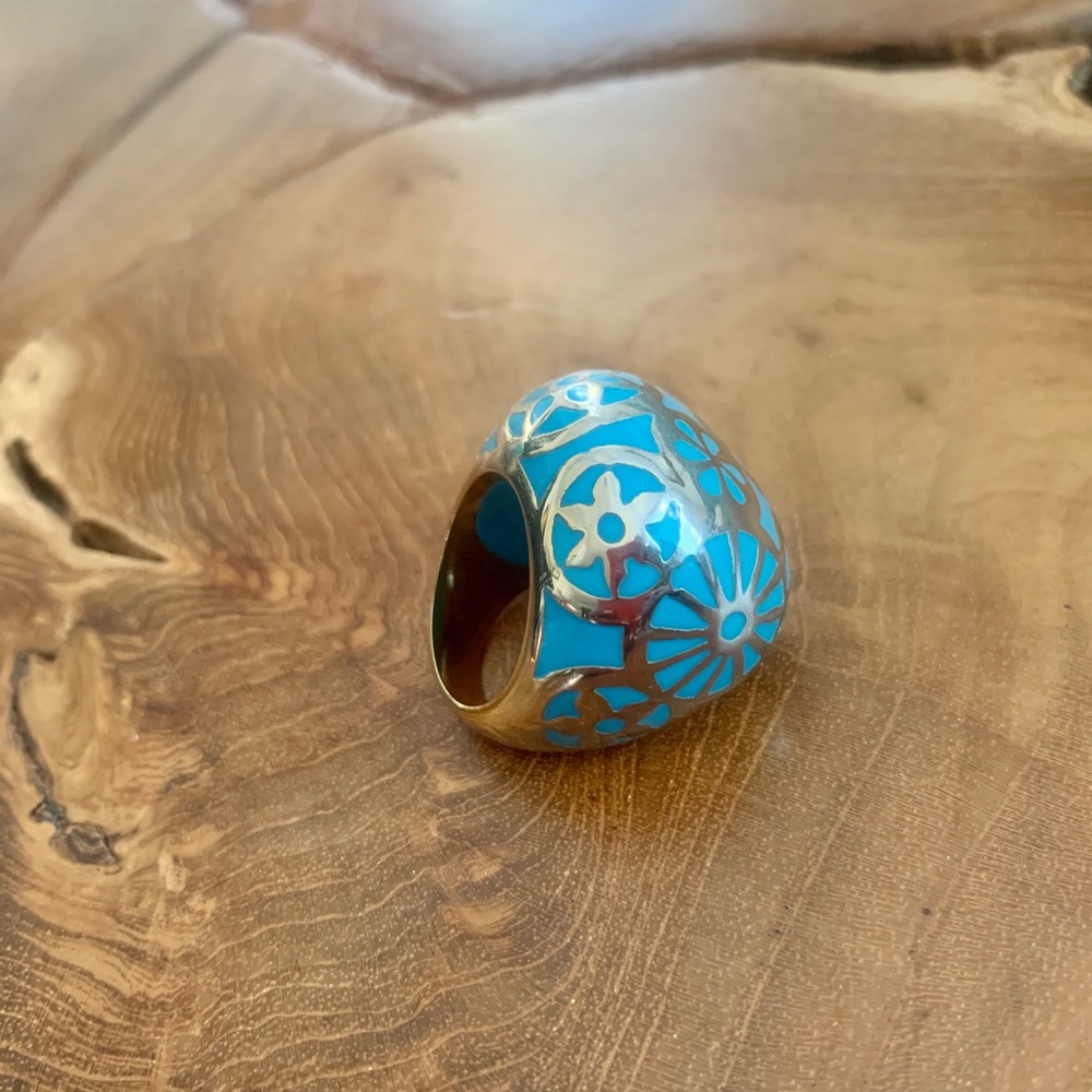 Blue/gold floral turquoise statement ring size 6